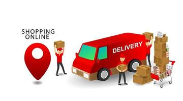 Online shopping concept, Services Team Delivery Workers, Products on Cart with isolated white background vector