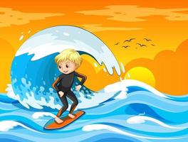 gran ola en la escena del océano con un niño de pie sobre una tabla de surf vector