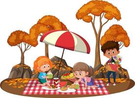 niños haciendo picnic en el parque con muchos árboles en otoño vector