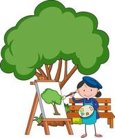 Pequeño artista dibujando una imagen de árbol aislado sobre fondo blanco. vector