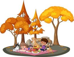 niños haciendo picnic en el parque con muchos árboles en otoño vector