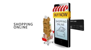 Online shopping concept, Smartphone and credit card, Products on Cart with isolated white background vector