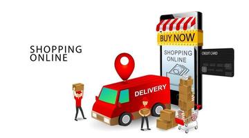 Online shopping concept, Services Team Delivery Workers, Smartphone and credit card, Products on Cart with isolated white background vector