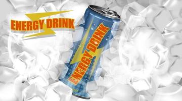 Fresh energy drink in can with ice cubes and smoke background, Package and  Energy drink product poster vector