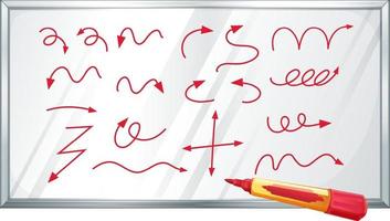 Different types of red hand drawn curved arrows on white board vector