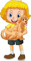 Happy girl cartoon character hugging a cute dog vector