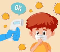 control de la temperatura corporal con un niño con máscara vector