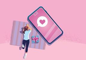 una mujer utiliza un concepto de San Valentín, un sitio web o una aplicación de teléfono móvil, marketing y marketing digital de un teléfono inteligente. El teléfono inteligente de promoción de mensajes, ilustración de diseño plano vectorial vector