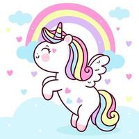 lindo unicornio pegaso vector volando en el cielo pastel con dulce arco iris y nubes. pony dibujos animados kawaii animales fondo para regalo del día de san valentín