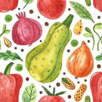 Cabbage, onion, greens, pea, bean, bell pepper, leaf, tomato. Watercolor design. Hand drawn. Vegetable food market. Seamless pattern, texture, background. Packaging paper. vector