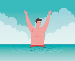 man in sea with hands up, summer vacation season vector