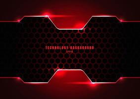 Abstract black and red metallic frame with lighting on hexagons texture pattern technology innovation concept background. vector