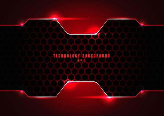 Abstract black and red metallic frame with lighting on hexagons texture pattern technology innovation concept background.