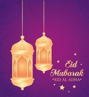 Eid al adha mubarak celebration with lanterns hanging vector