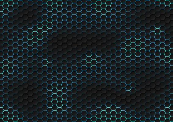 Abstract black hexagon pattern of futuristic texture with blue light rays technology concept.