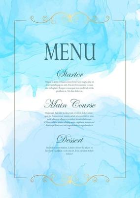 Elegant menu design with a hand painted watercolour texture and gold frame