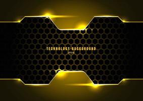 Abstract black and yellow metallic frame with lighting on hexagons texture pattern technology innovation concept background. vector