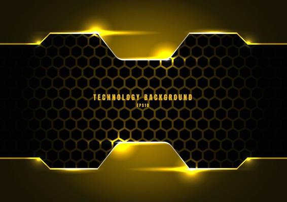 Abstract black and yellow metallic frame with lighting on hexagons texture pattern technology innovation concept background.