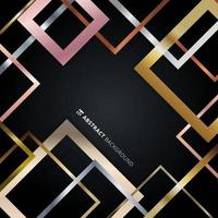 Abstract geometric square border pattern golden, silver, pink gold metallic overlapping on black background