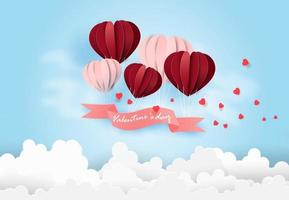 Tarjeta de feliz día de San Valentín con globos flotando en el cielo azul. vector