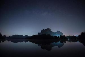 Starry sky and mountains reflected in water photo