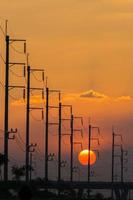 puesta de sol detrás de postes eléctricos foto