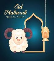 celebration of muslim community festival eid al adha card with sheep and lamp hanging vector