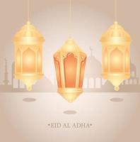 Eid al adha mubarak celebration with lanterns hanging vector