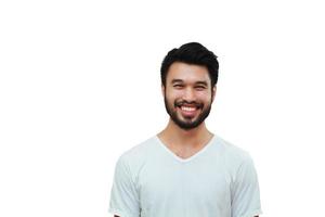 Asian handsome man with a mustache smiling and laughing isolated on white background photo