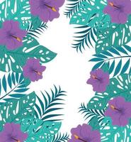 Tropical foliage background with green leaves and purple flowers vector