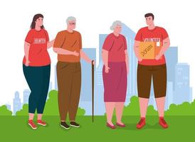 volunteer people with old couple, charity and social care donation concept vector