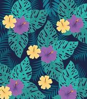Tropical foliage background with green leaves and flowers vector
