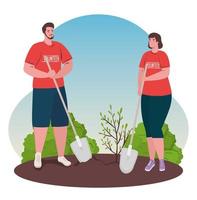 volunteer people planting a tree, ecology lifestyle concept vector