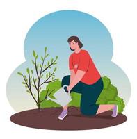 Mujer voluntaria plantando un árbol, concepto de estilo de vida ecológico vector