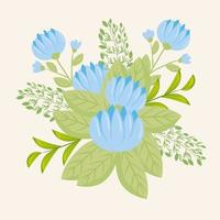 Blue flowers with branches and leaves for nature decoration vector