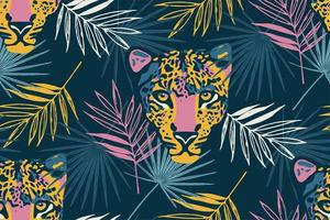 Tropical seamless pattern with palm leaves and leopard. vector