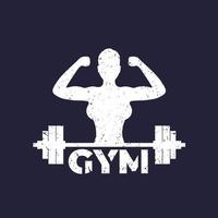 Gym logo with strong girl and barbell, grunge textured.eps