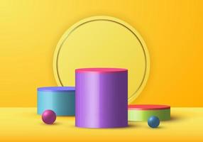 3D realistic yellow rendering and colorful geometric sphere. Cylinder studio decoration for display showcase and gold circle background