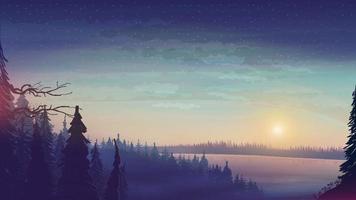 landscape with large lake and pine forest on horizon. Sunset in forest with starry sky vector