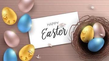 Greeting Easter background with realistic Easter eggs. Top view with copy space. vector