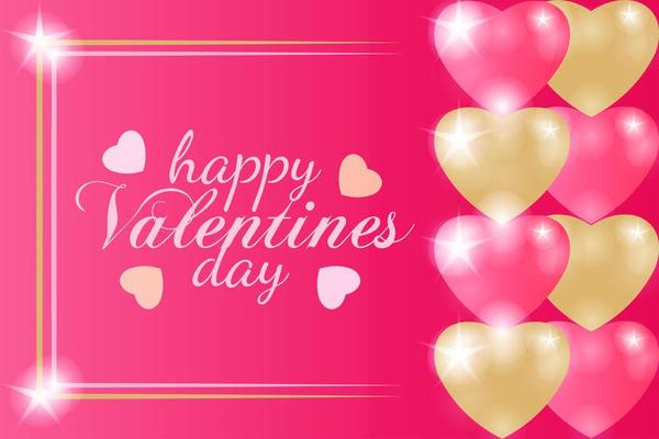 Happy Valentine's Day banner with pink and yellow shine hearts