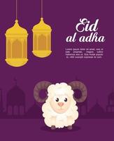 celebración de eid al adha mubarak con ovejas y linternas colgando