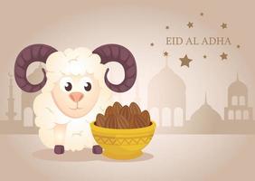 Eid al adha mubarak celebration with sheep and a bowl of dates vector