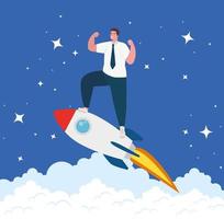 Startup business concept banner with businessman on a rocket vector