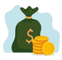 Money bag with a pile of coins vector