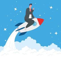 Startup business concept banner with businessman on a rocket vector