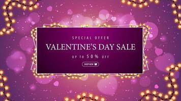 Valentine's day sale, pink discount horizontal web banner with garland frame around offer. vector