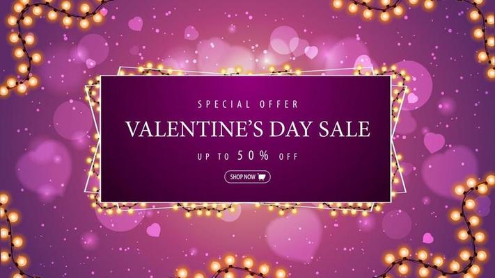 Valentine's day sale, pink discount horizontal web banner with garland frame around offer.