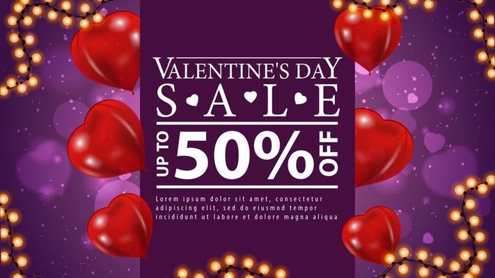 Valentine's day sale, purple web banner with garland frame, balloons shape of hearts and large white offer.