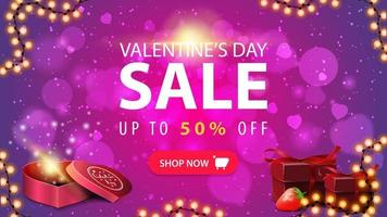 venta de san valentín, hasta 50 de descuento, banner web de descuento rosa con marco de guirnalda, regalos y botón vector